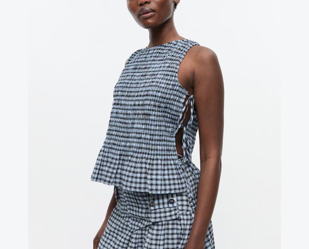 Ganni - Blue Seersucker Check Smock Tie String Top / S / NWT